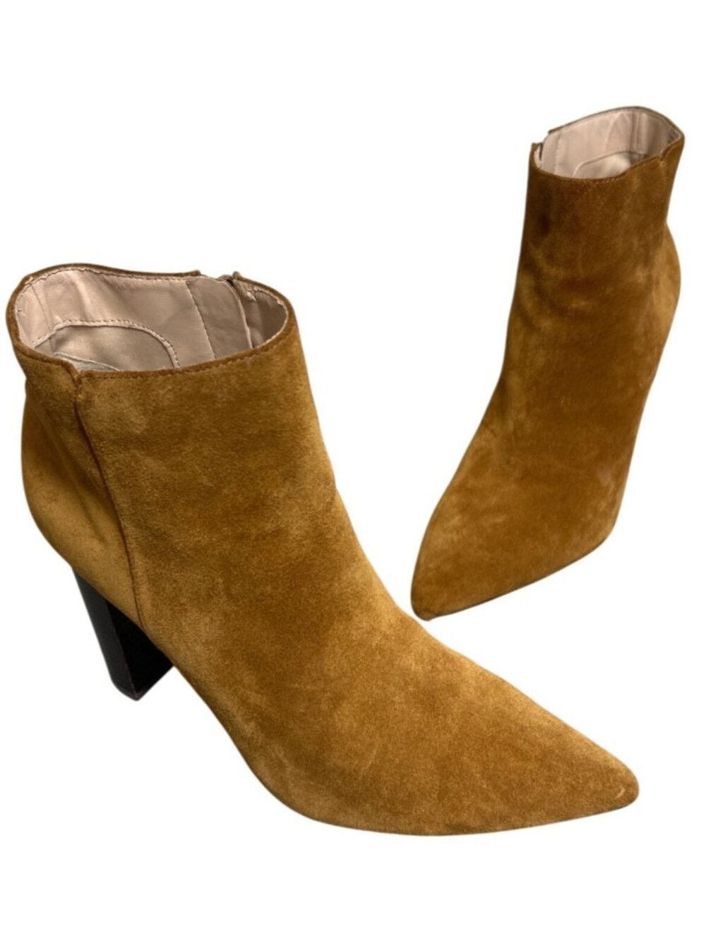 Saks Fifth Avenue Camel Suede Pointed Toe High Heel Ankle Boots 9.5M Block Heel